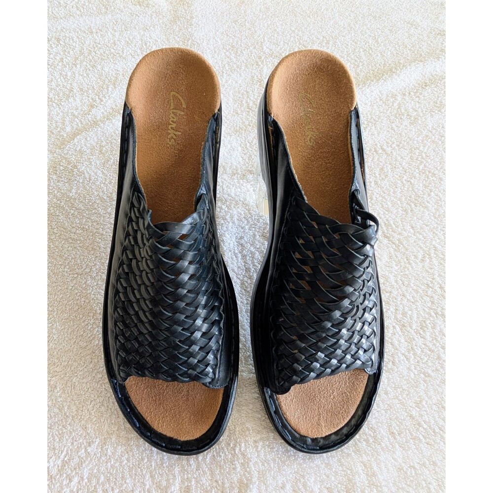 Clarks Size 8 Black Leather Woven Slide Sandals Comfort Wedge Open Toe